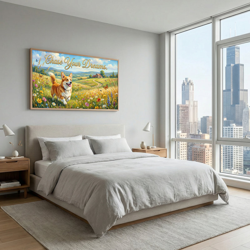 Tableau encadré Corgi Field Canvas (1 pièce), 122 x 61 cm, 48 x 24 pouces