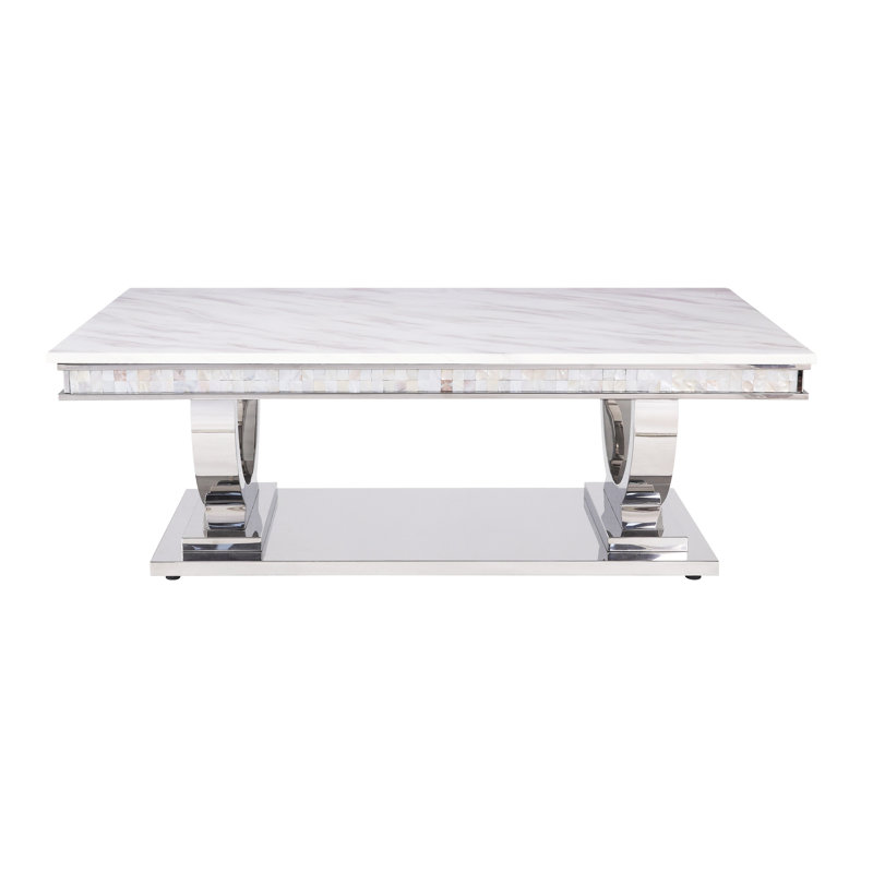 Table basse en simili marbre blanc avec finition argentée miroir, plateau de table épais de 18 mm d'épaisseur, élégant pour le salon moderne avec surface et surface épaisse et sophistiquée, acier inoxydable