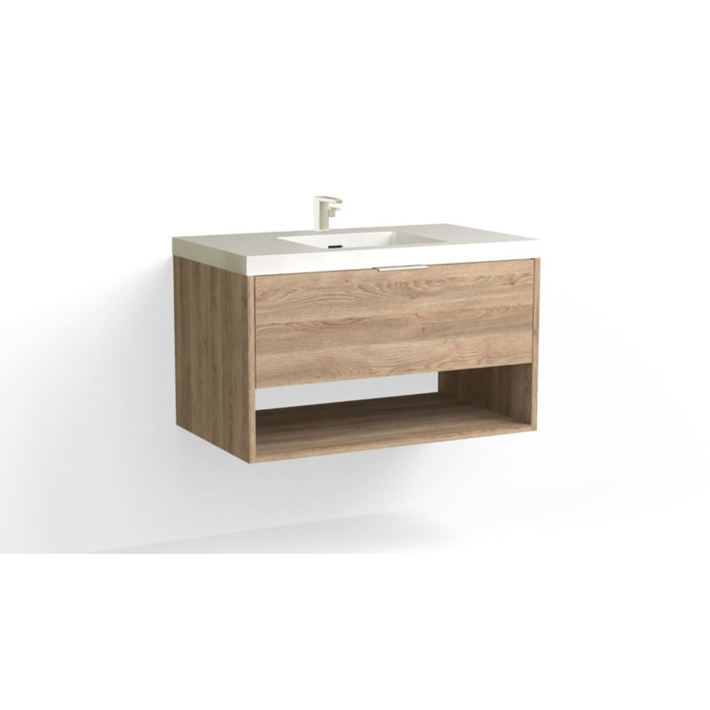 Modo 36" W Wall Mounted Single Bathroom Vanity, Glossy White/Single, Nimbus, Matte Black