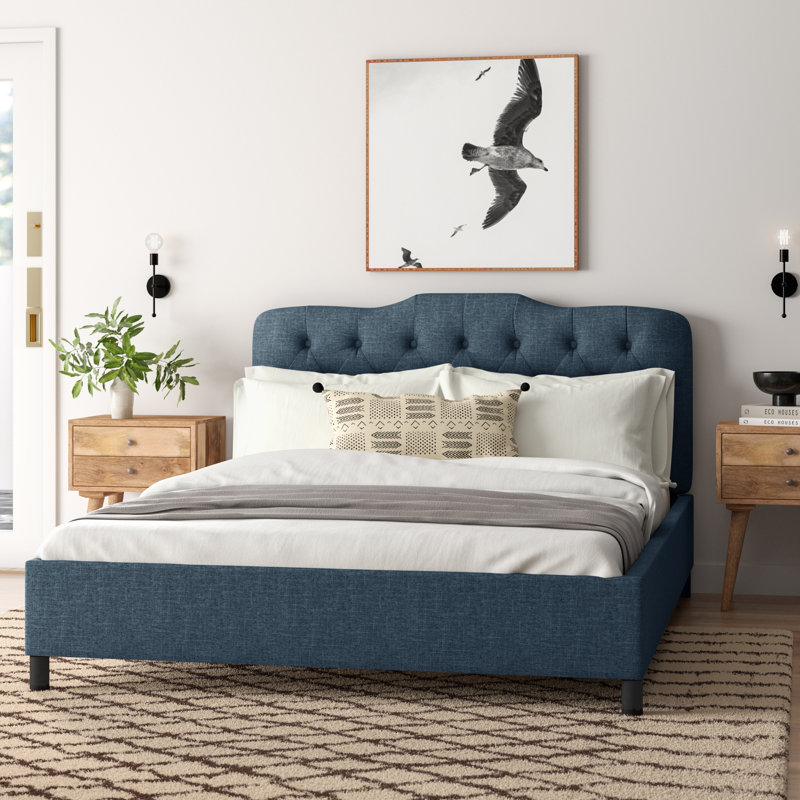 Pires Upholstered Platform Bed, Queen, Zuma Navy Textured Linen