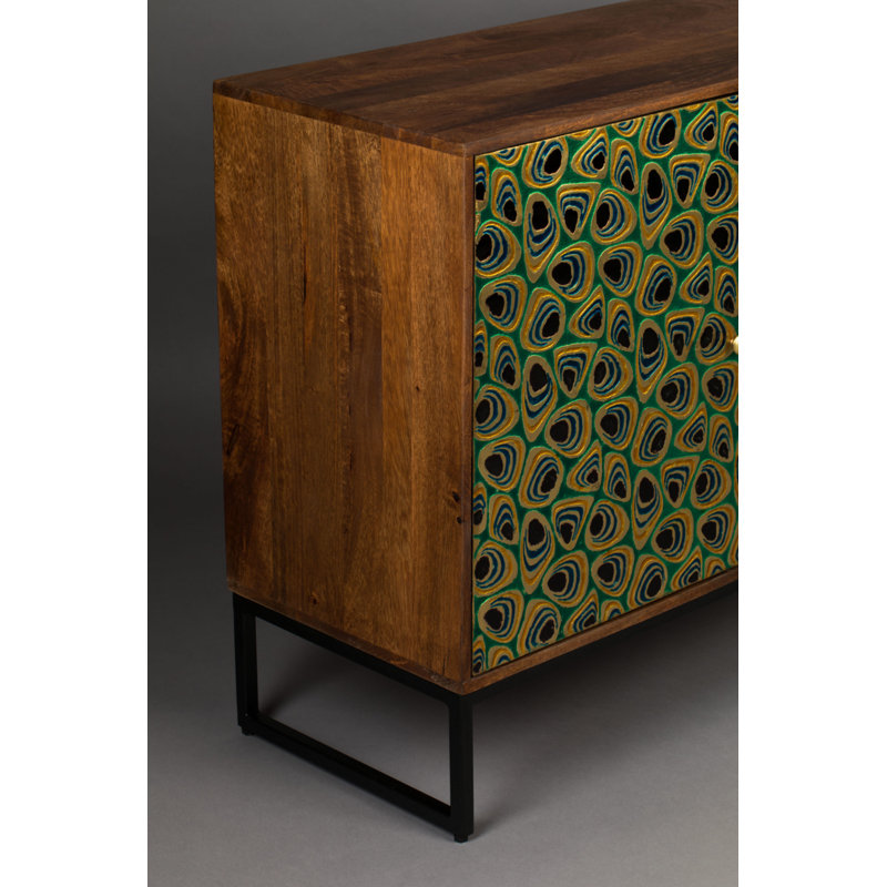 Meena Gold and Black Mango Wood Accent Cabinet with Peacock Feather Inlay