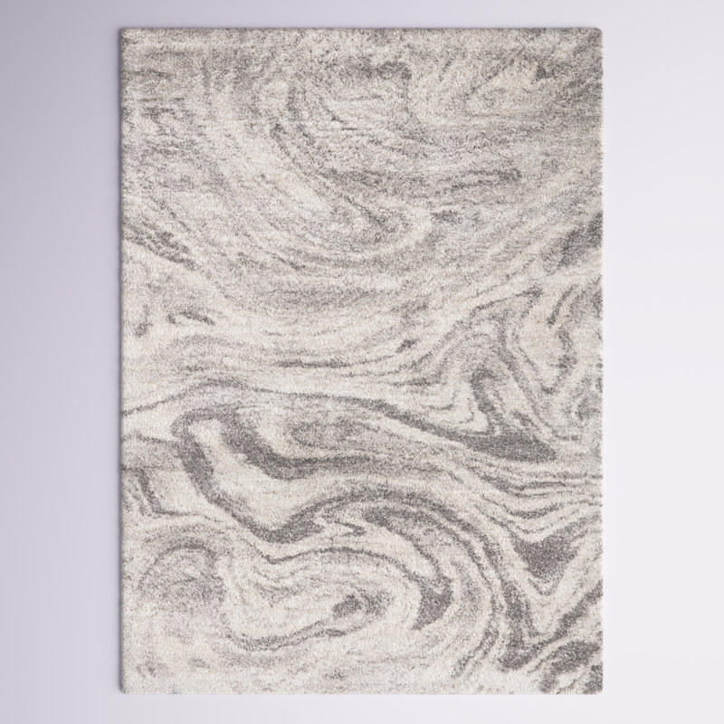 Tapis à poil long abstrait gris / ivoire Kennedi, Rectangle 10 pi 2 po x 14 pi 1 po