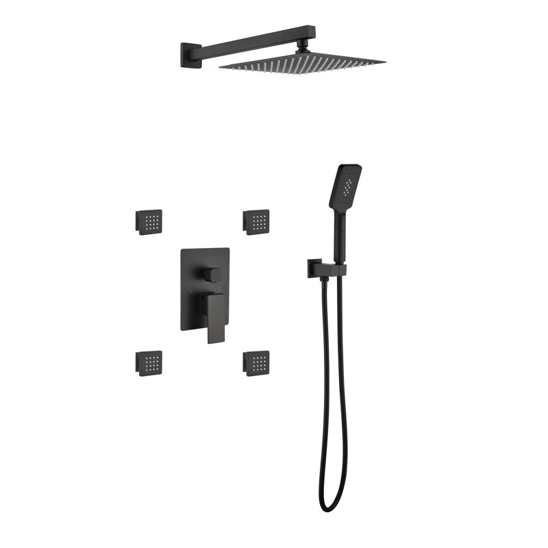 Système de douche carré en laiton 10 "avec 4 jets de pulvérisation et valve encastrée, Noir mat