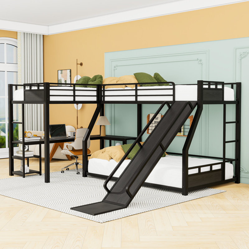 Lit superposé avec glissière intégrée et bureau en L, Lit superposé simple au-dessus d'un lit double / 