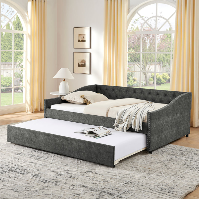 Lit de jour double avec charge USB et lit extensible de taille simple, avec bouton sur le dos et clou en cuivre sur les accoudoirs ondulés