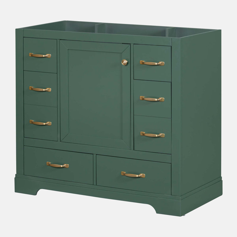 Green Solid Wood and MDF Freestanding Bathroom Vanity Base with Six Drawers