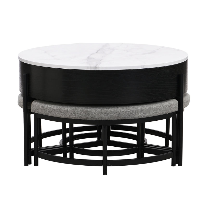 Table basse ronde avec plateau relevable et 3 repose-pieds, compartiment de rangement, finition blanc noir, 31,5 po de profondeur, 25 po de hauteur, pour étude, construction, esthétique contemporaine, dimensions, hauteur