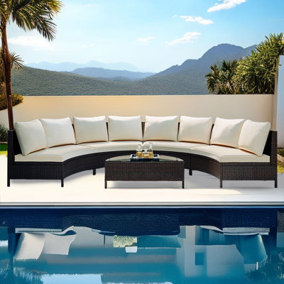 5 Pieces All-Weather Brown PE Rattan Wicker Sofa Set Outdoor Patio Sectional Furniture Set Half-Moon Sofa Set With Tempered Glass Table -  Latitude RunÂ®, 1F1791321877474CA1E1A9CF54A29F60