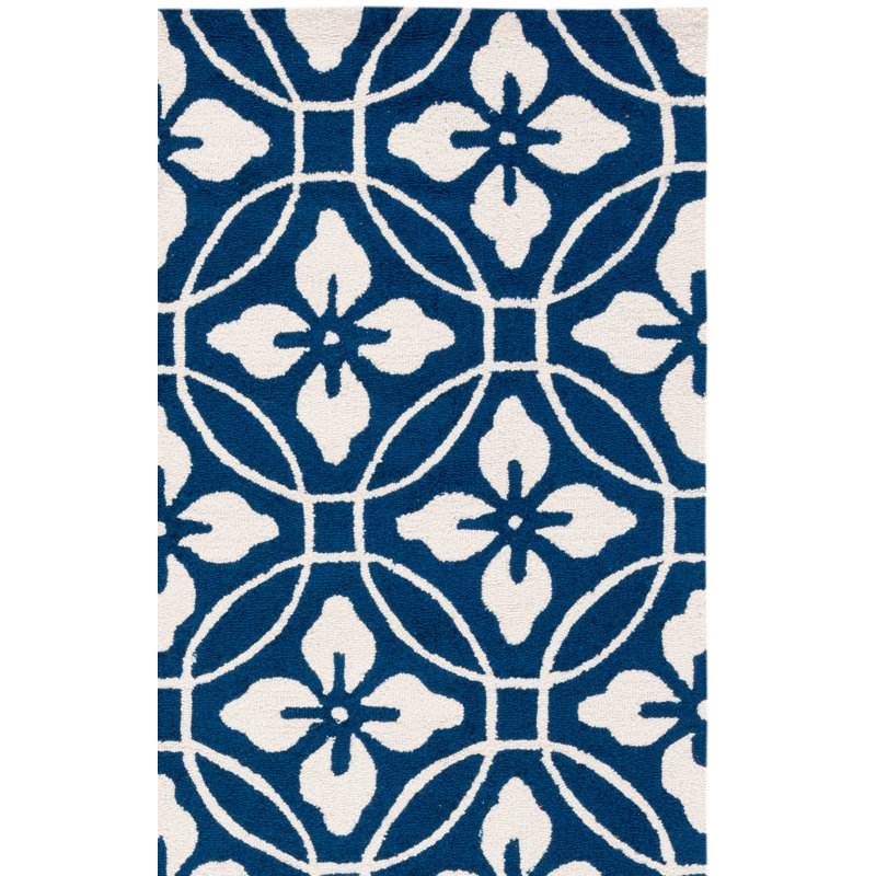 Berchmans Geometric Hand Hooked Navy/Ivory Indoor / Outdoor Area Rug, Rectangle 3'6" x 5'6"