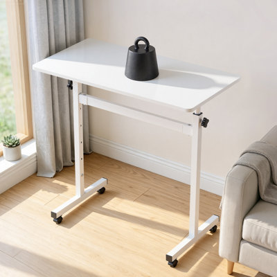 Bureau assis-debout mobile, 81 x 41 cm, avec crochet, capacité de charge de 25 kg, hauteur réglable et roulettes verrouillables, blanc.
