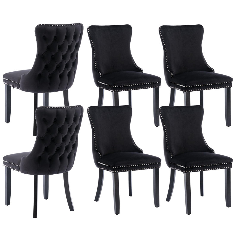 Black Velvet Upholstered Dining Chairs with Nailhead Trim, Set of 6