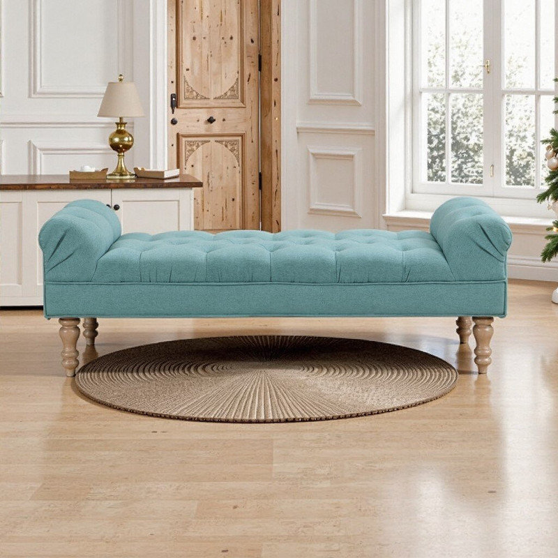 Banc rembourré capitonné à accoudoirs roulés Vesto, Bleu sarcelle vieilli