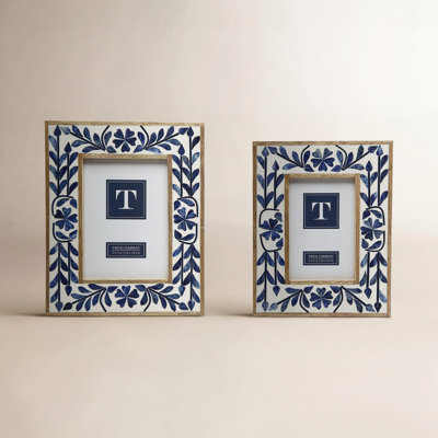 Blue Belle Bone Inlay Photo Frames Set of 2 -10.5"H Tabletop Picture Frames Home Decor