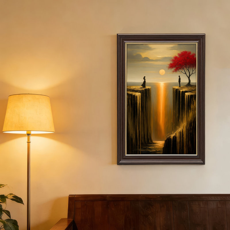 Art mural antique sur toile encadré doré pour le salon, la chambre à coucher, le bureau ou le vestibule - Décoration murale décorative avec falaises au coucher du soleil