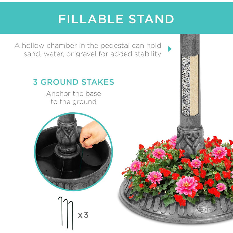 Stone Solar-Powered Bird Bath with Planter Base and Lamp