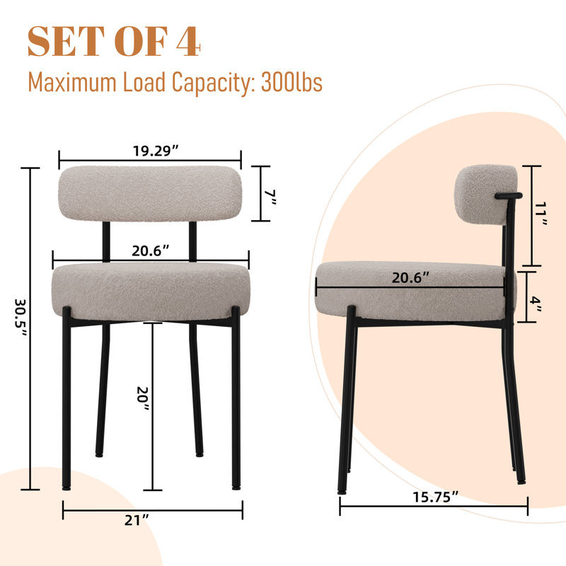 Boucle Dining Chairs Set of 4, Upholstered Dining Chairs with Black Metal Legs, Modern Dining Chair, Ivory White