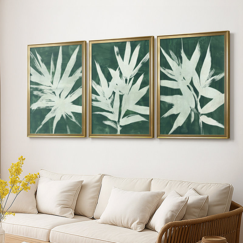 «Water Palm Fossil I», toile tendue avec châssis sur mesure - 3 pièces, H 21 po x l 30 po, Doré