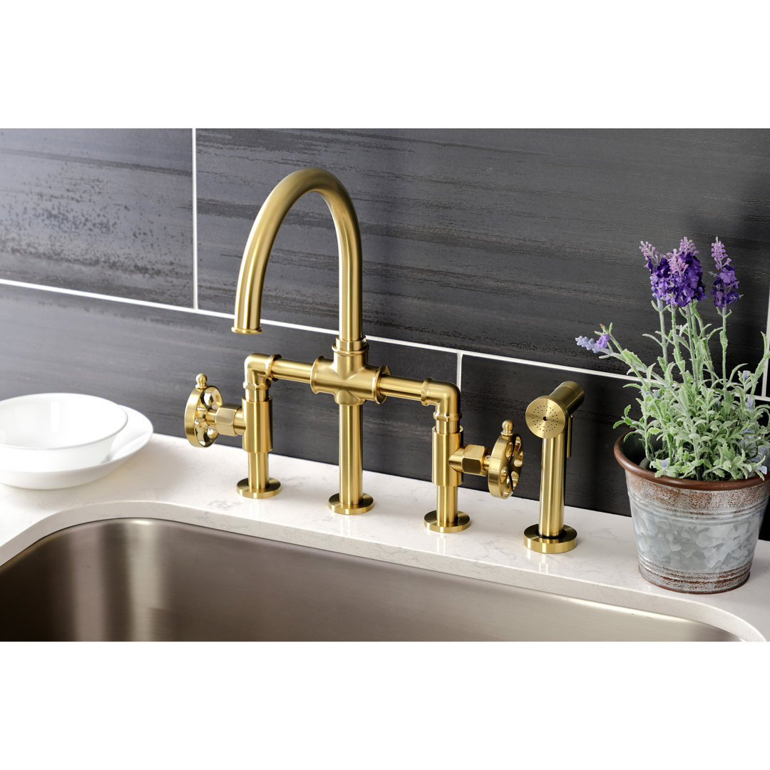 Kingston Brass Two-Handle 4-Hole Deck Mount Industrial Style Bridge Kitchen Faucet with Brass Side Sprayer Kingston Brass 