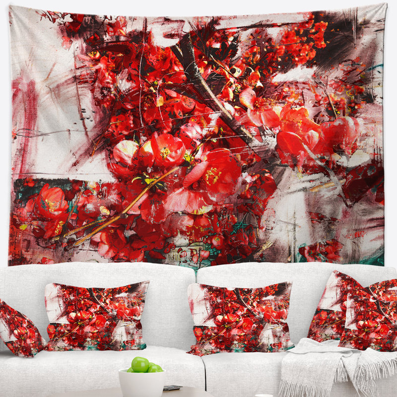 Tapisserie aquarelle de fleurs de couleur rouge en polyester avec accessoires suspendus inclus, H 68 po x l 80 po