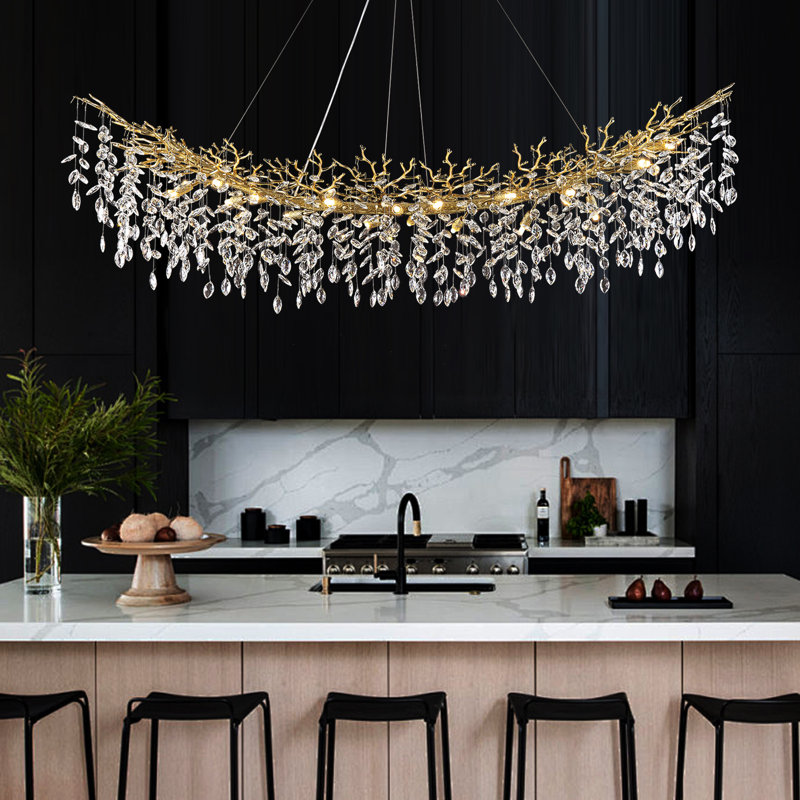 Abe 72" L 18-Light Dimmable Tree Branch Crystal Linear Chandelier Kitchen Island Lights, Gold