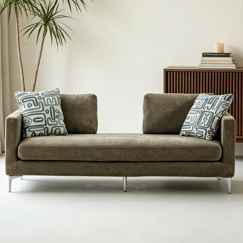 Canapé en L 77,5 po à 3 places en chenille de 77,5 po, coussins décoratifs et pieds argentés inclus, Taupe