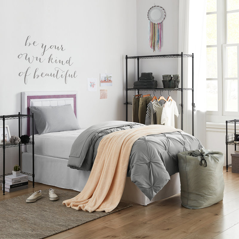 DormCo  8 Piece Starter College Dorm Pin Tuck Bedding Package, Alloy Gray
