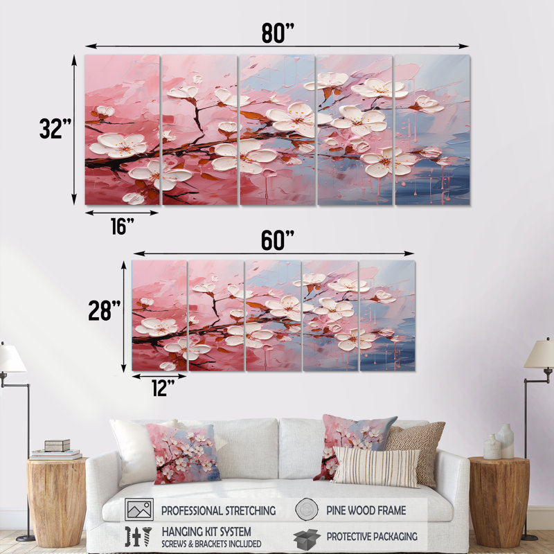 Blanc et rose cerisier Bloom III - cerisier, art mural 5 pièces, H 28 po x l 60 po