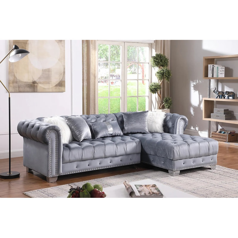 Sicard 97 Right Hand Facing Modular Sofa & Chaise, Gray Velvet, Silver