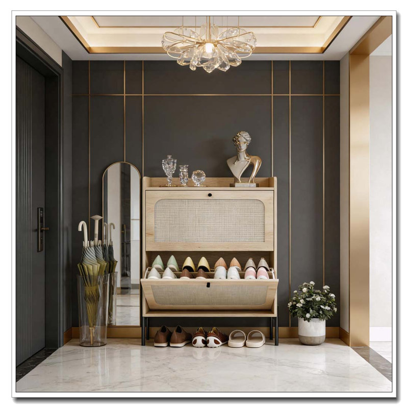 Armoire de rangement étroite pour chaussures avec devant en rotin et tablettes réglables