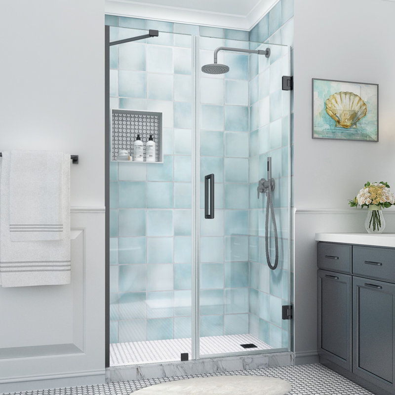 Belmore XL 50.25 - 51.25 in. W x 80 in. H Frameless Hinged Shower Door with StarCast Glass, Matte Black, Clear Glass