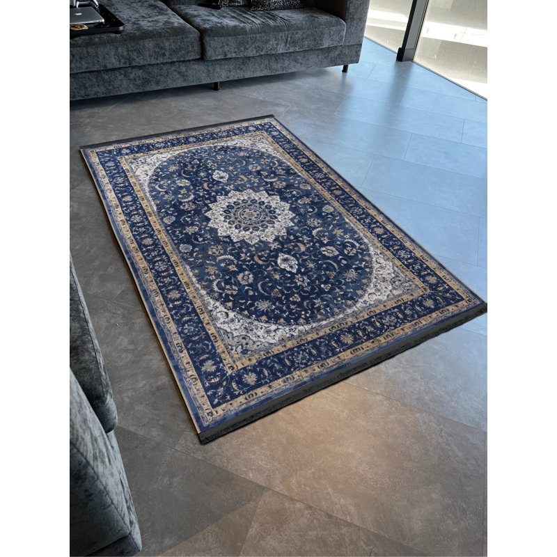 Tapis décoratif bleu marine à motifs traditionnels, Tapis de couloir 3 pi 3,37 po x 9 pi 10,11 po