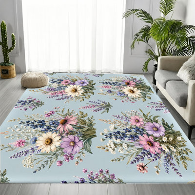 Tapis aquarelle à motif floral, motif boho chic sur fond bleu clair, tapis décoratif antidérapant lavable, décoration intérieure pour le salon, la chambre à coucher, le vestibule, la cuisine, le patio, l’appartement