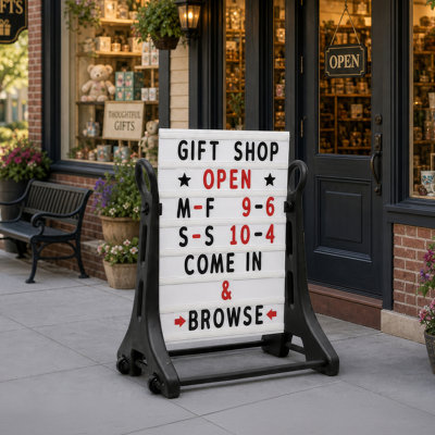 24 x 36 Inch Rolling Swinging Changeable Message Sidewalk Sign, Black, Plastic Storefront Display Sign, Outdoor Business Advertising Board