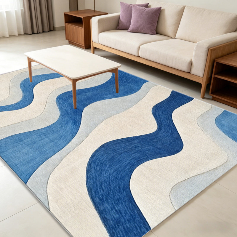 Blue Beige Wavy Stripes carpet-easy to clean, machine-washable, soft and comfortable; suitable for door mats, kitchens, living rooms, bedrooms, corridors, and laundry areas. Easy to clean, durable carpet for home decoration.