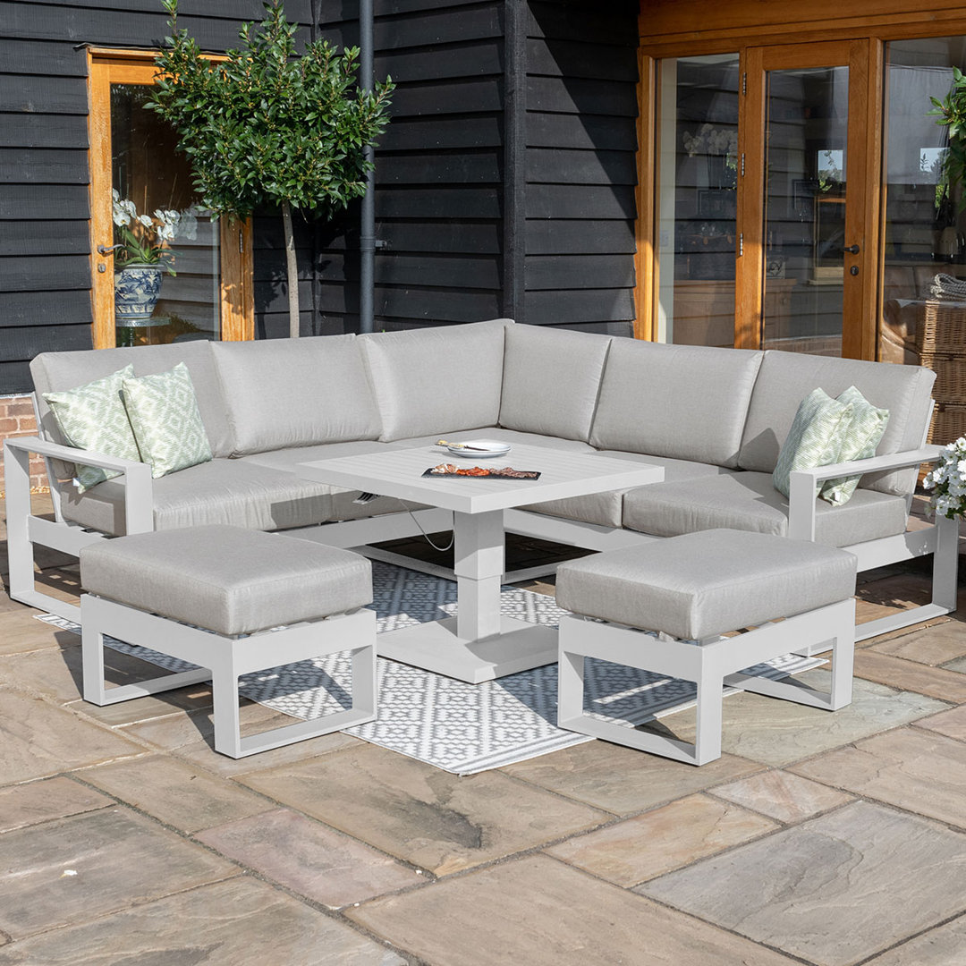 Dawana Square Aluminium Corner Dining Set - with Rising Table & Footstools - White