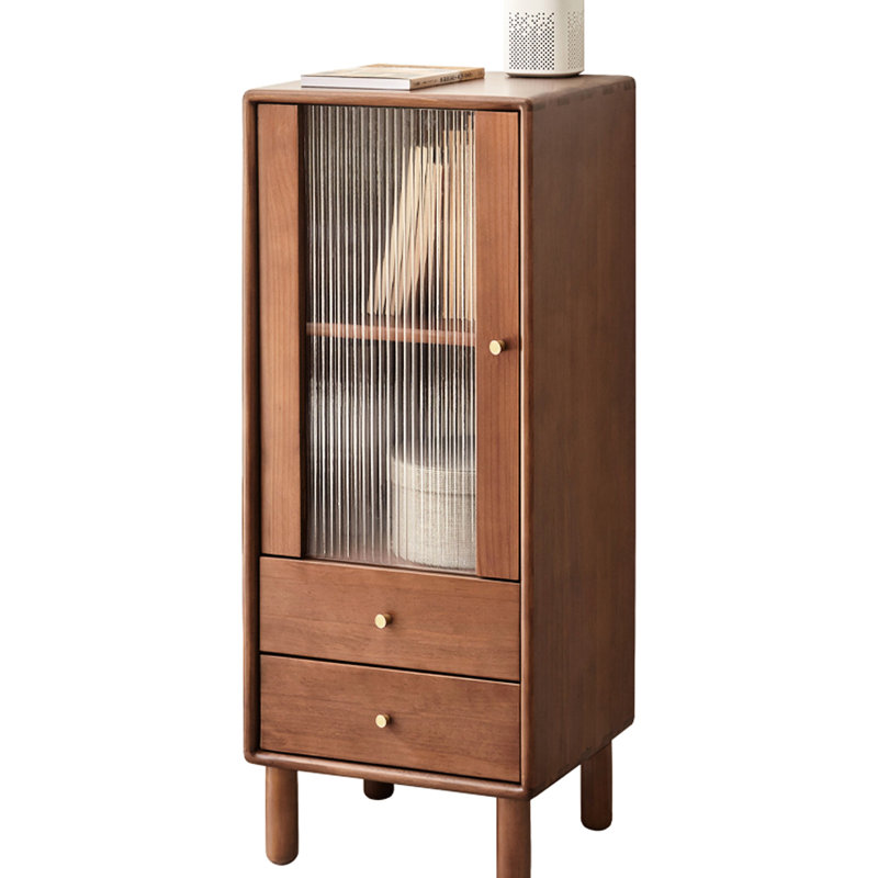 Élégante table de rangement pour la cuisine - armoire basse avec 2 tablettes, tiroirs, porte en verre rétro et bois de pin couleur café