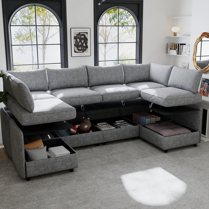 Causeuse-causeuse, canapé-lit de style Mid-Century moderne avec rangement, Tissu gris