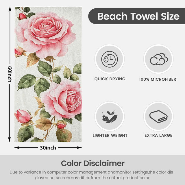 Serviette de plage en microfibre légère, absorbante et sans décoloration, 30 po x 60 po, Aquarelle rose plage