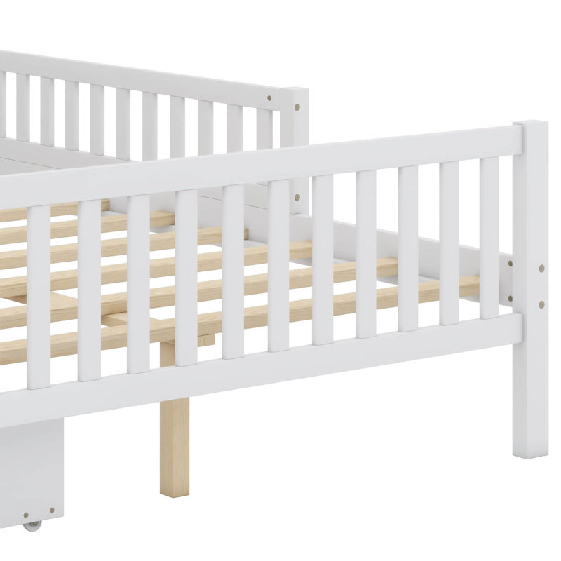 Lit plateforme en bois avec garde-corps de sécurité, Blanc, Lit double