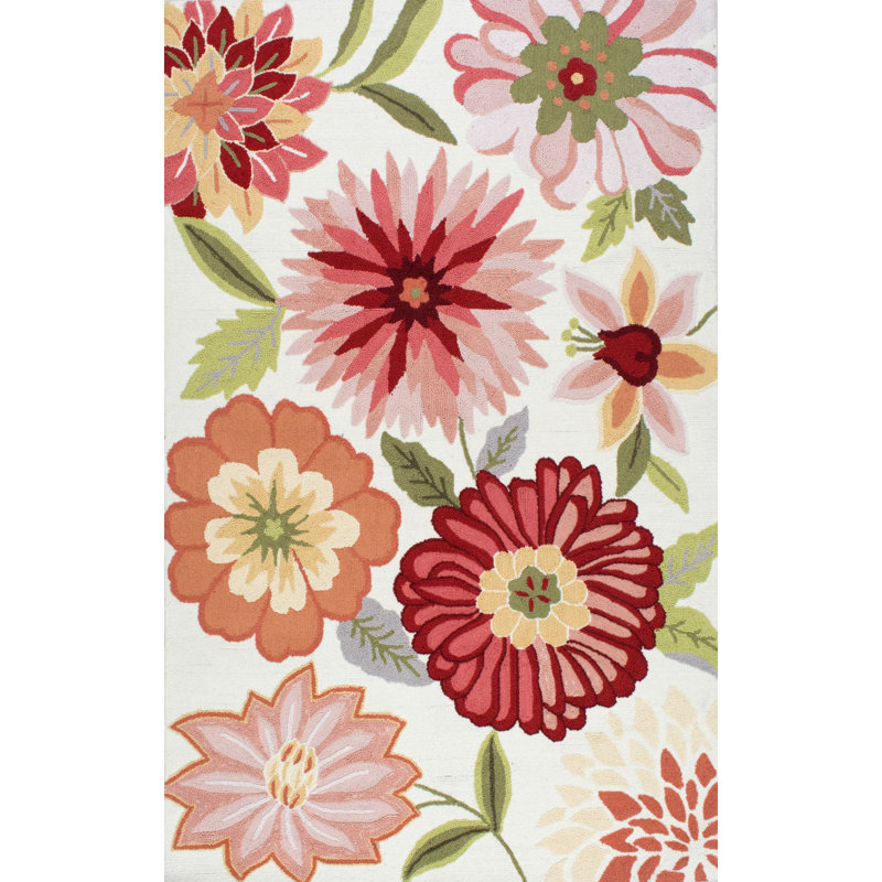 Tapis rouge / rose touffeté à la main à motif floral Leroi, Rectangle 3 pi 6 po x 5 pi 6 po