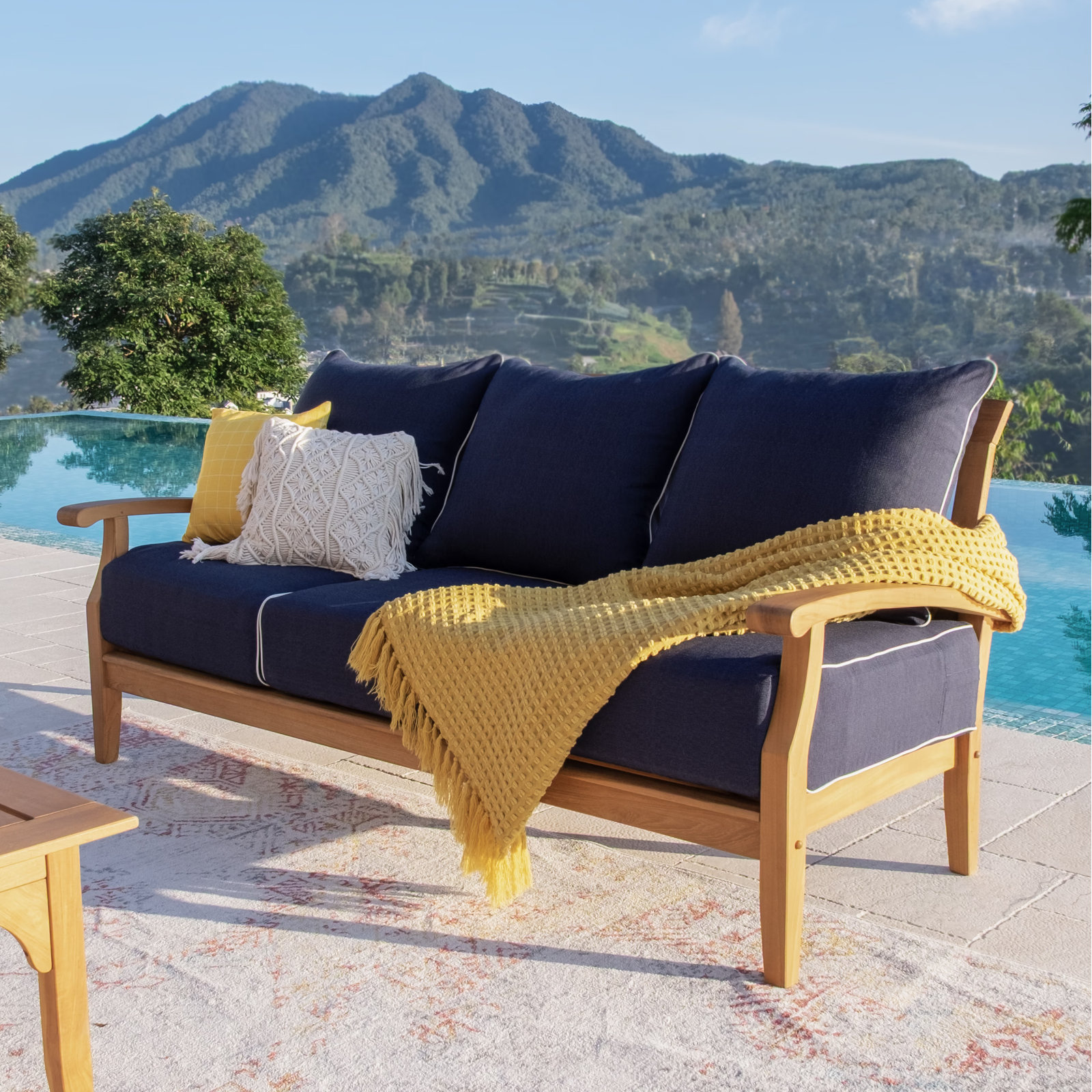 Summerton 78" Teak Patio Sofa, Navy White Piping