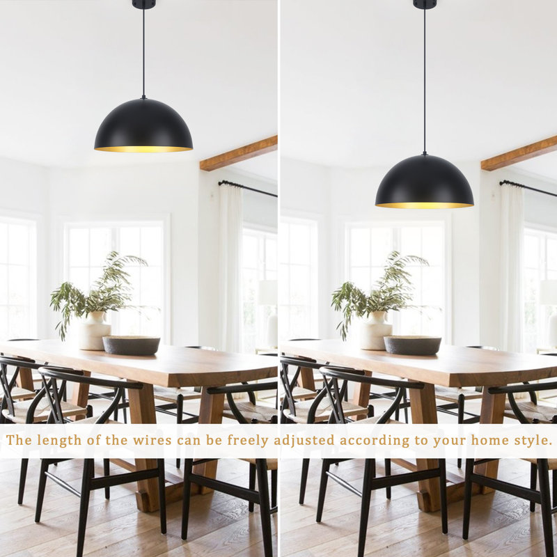 1 - Light Dimmable Single Dome Kitchen Island Pendant, Black/Gold, 8.85" H x 17.71" W x 17.71" D