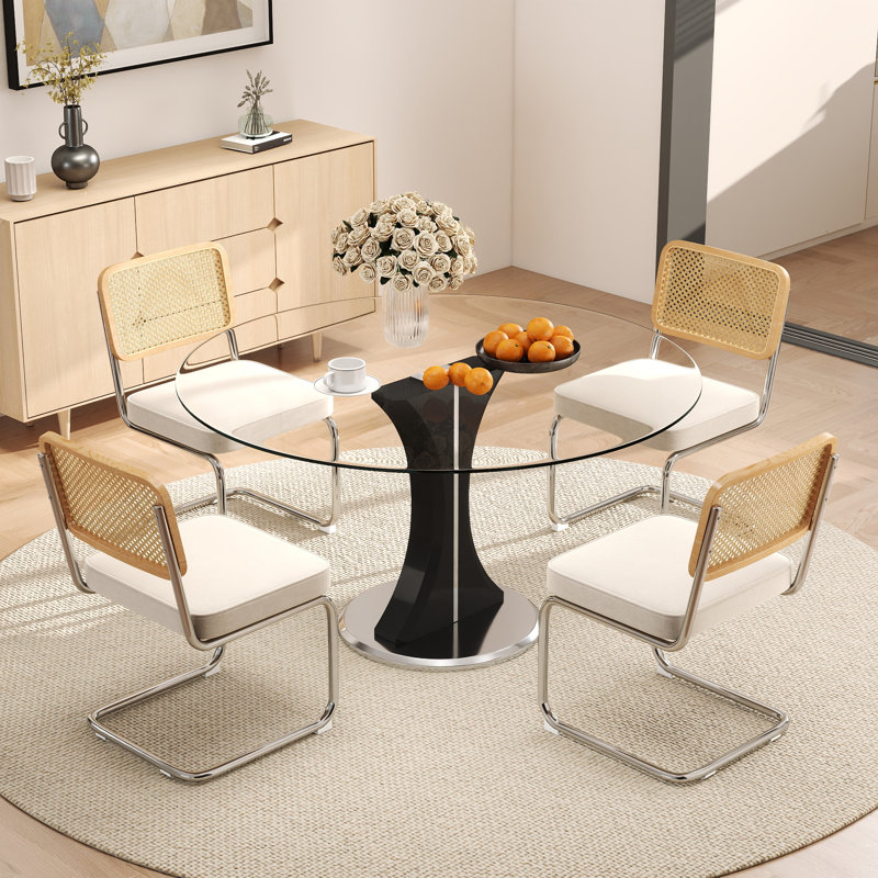 Ensemble de table de salle à manger haute brillance avec chaises en velours, Noir / argenté, 5 Pieces: Table, 4 Chairs, Beige