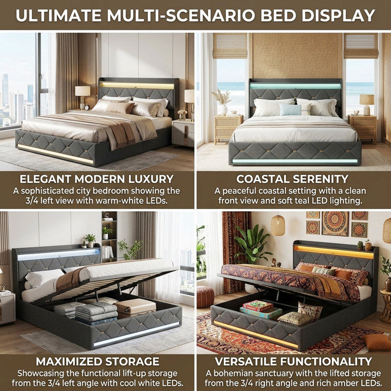 EU Double & King Linen Ottoman Bed with Wireless Charging & Dual LED, Tufted Wingback Storage Headboard, 140/160x200cm, Grey