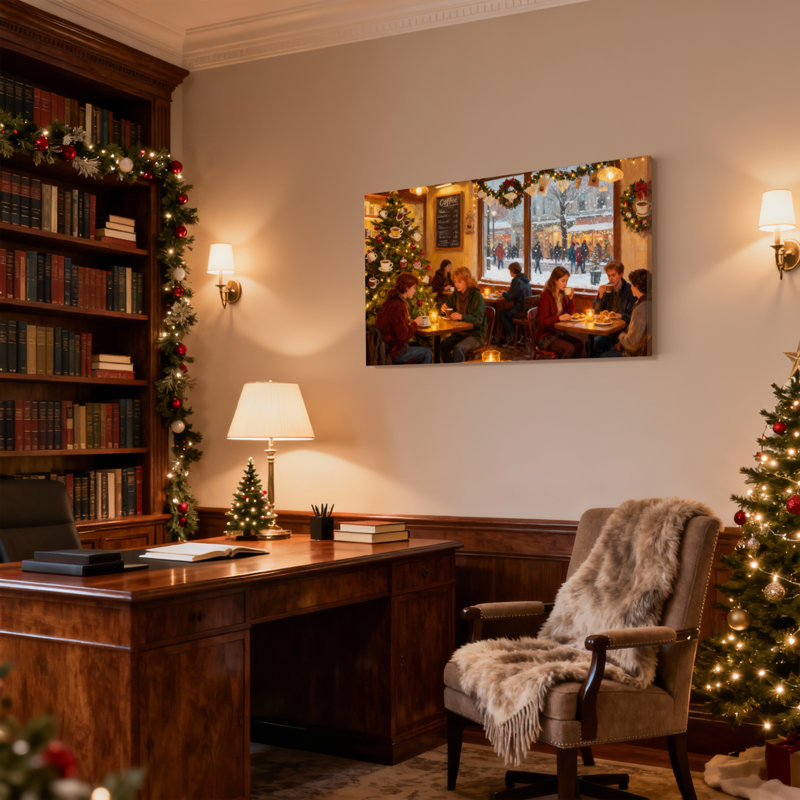 «Christmas Cozy Cafe Christmas Scene with People», ensemble de 3 impressions sur toile, H 16 po x l 24 po