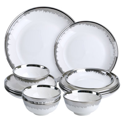 Luxury 12 Piece Porcelain Hode Service For 4, Modern Stoneware Plates And Bowls Sets,Ceramic Dish Set, Highly Chip And Crack Resistant Modern Plate Set, White And Silver