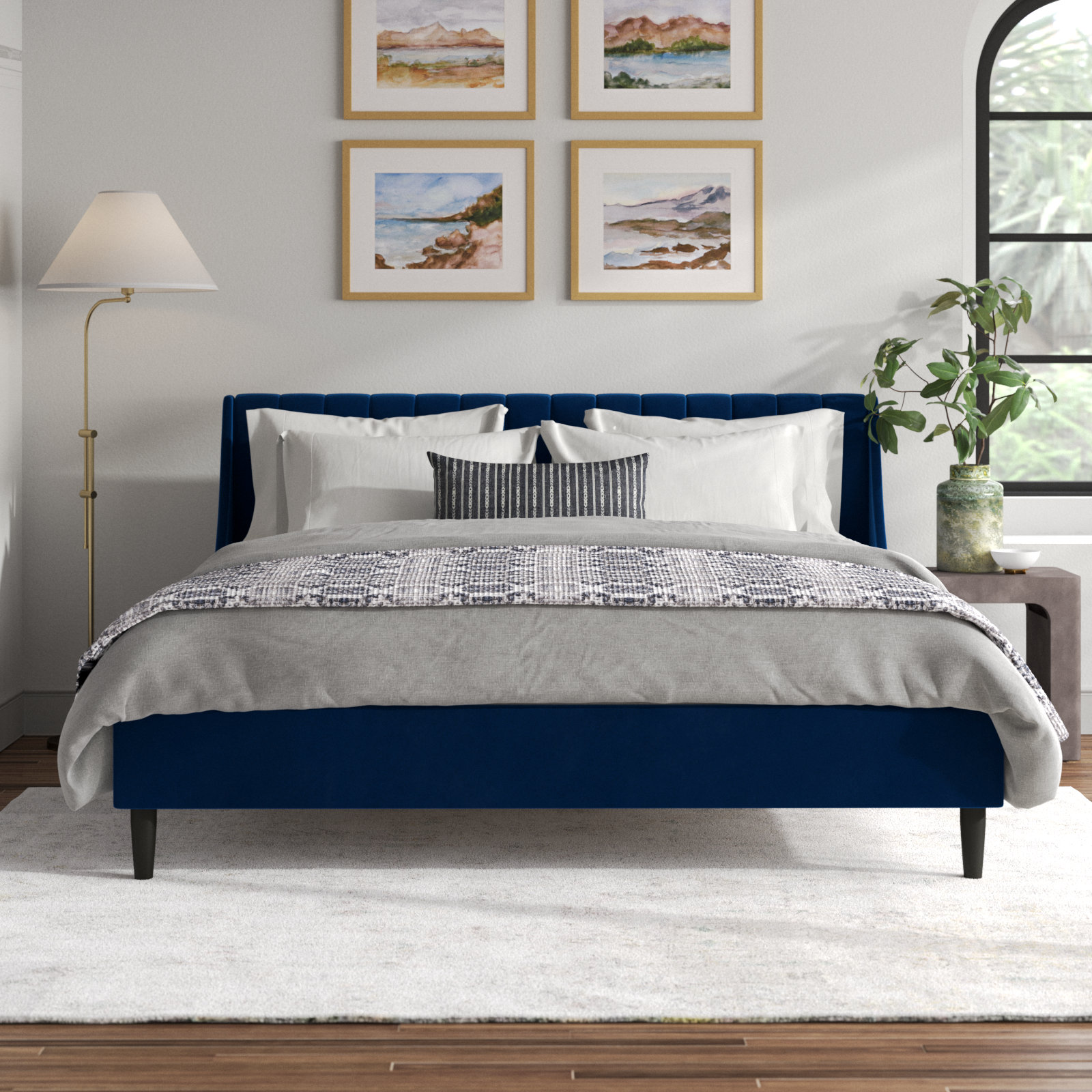 Helaina Upholstered Wingback Bed, King, Navy Blue Velvet