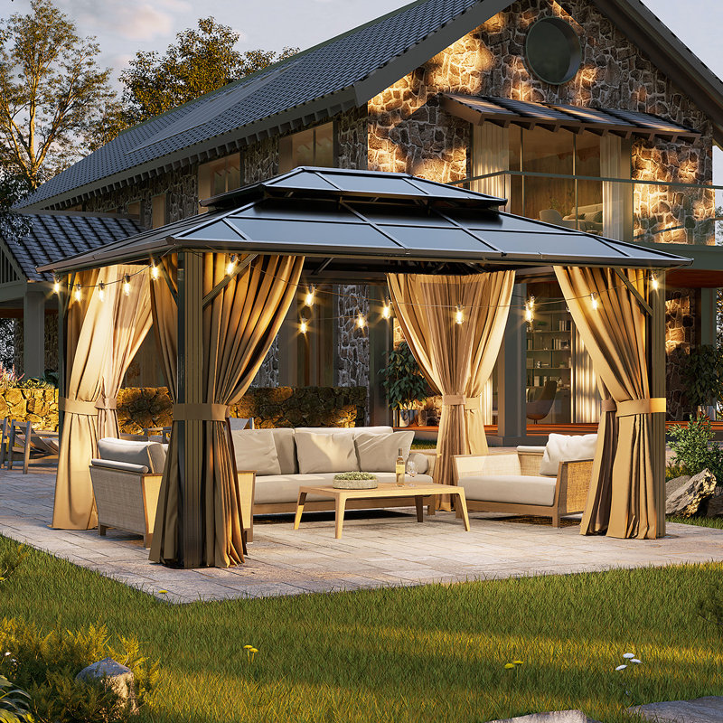 13 Ft. W X 10 Ft. D Double Roof Gazebo With String Lights