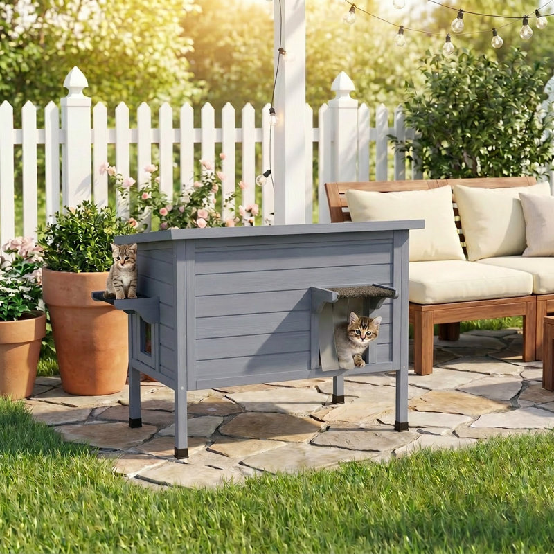 Maison pour chat d'extérieur en bois massif chauffé avec coussin chauffant, Gris