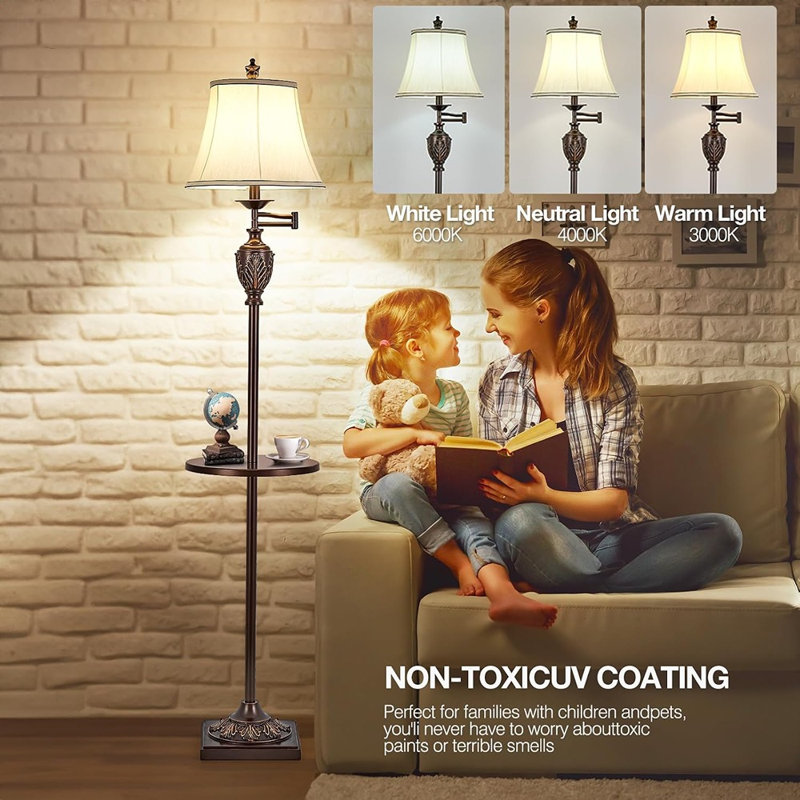 Lampe sur pied avec plateau, lampe sur pied à intensité variable avec télécommande, bras pivotant à 350°, brun, pour salon et chambre
